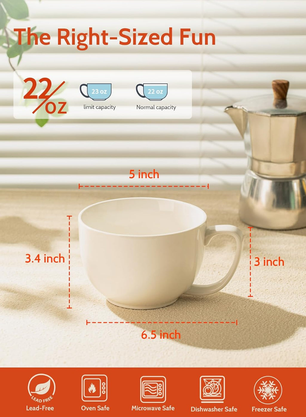 Porcelain 22Oz Large Coffee Mugs Set of 4, Large Soup Mug with Handles Perfect for Coffee, Tea, Hot Chocolate, Microwave Safe, White