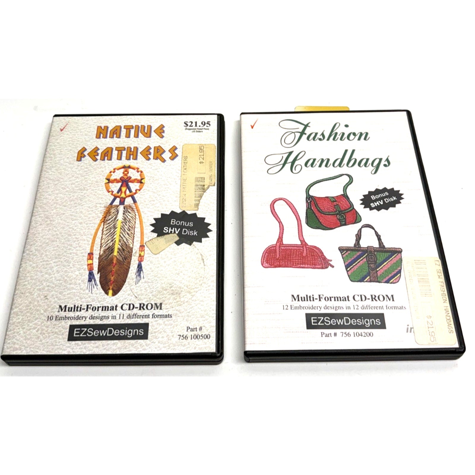 Vintage Lot of 2 Embroidery EZSewDesigns - Native Feathers and Fashion handbags