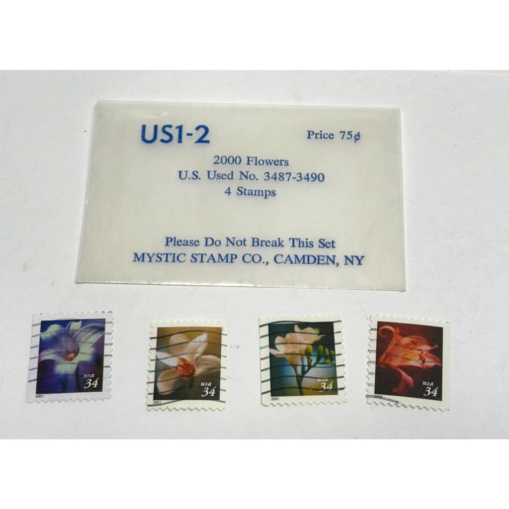 Vtg Mystic Stamp Co. US1-2: 2000 Flowers Stamp Set (Used) - Scott #3487-3490