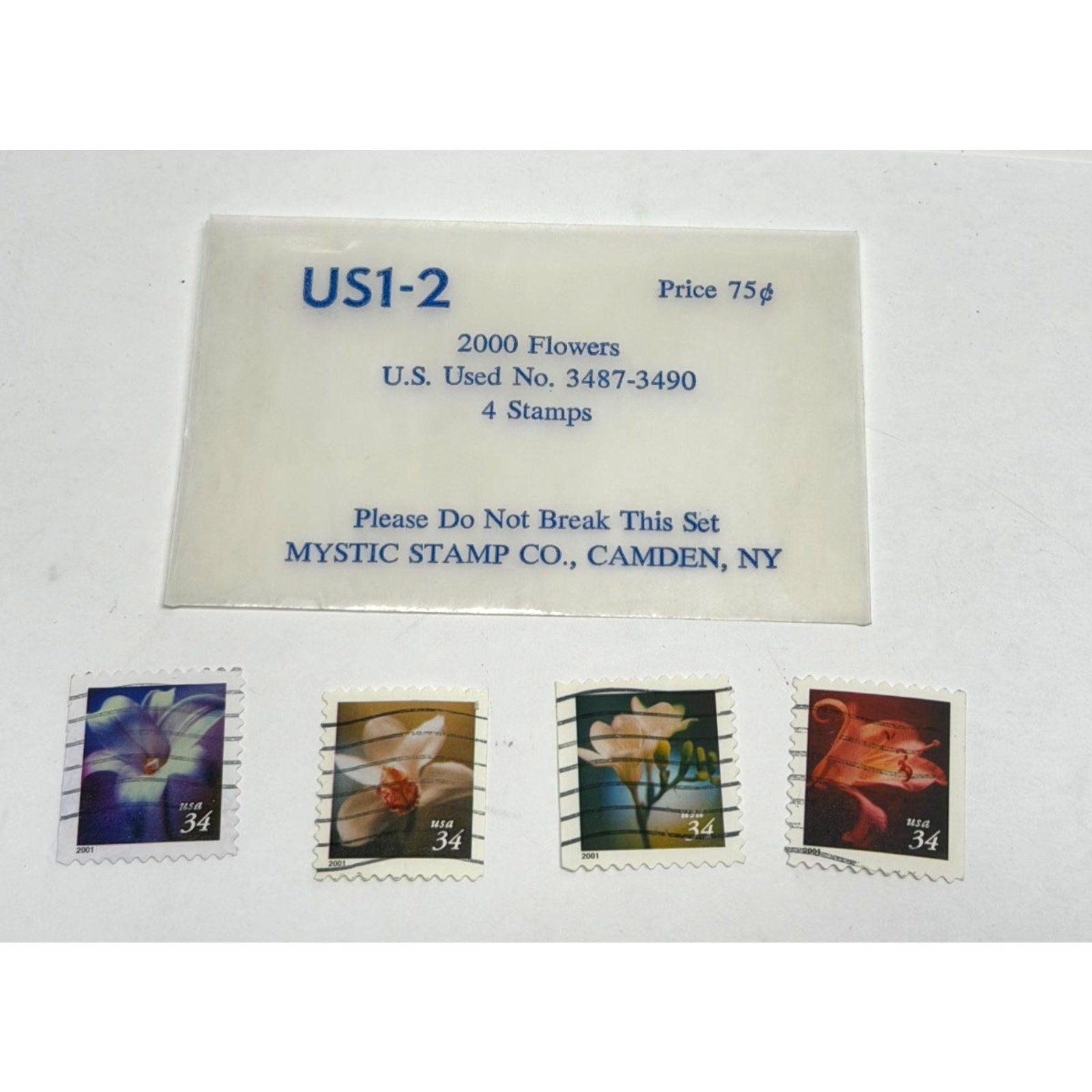 Vtg Mystic Stamp Co. US1-2: 2000 Flowers Stamp Set (Used) - Scott #3487-3490
