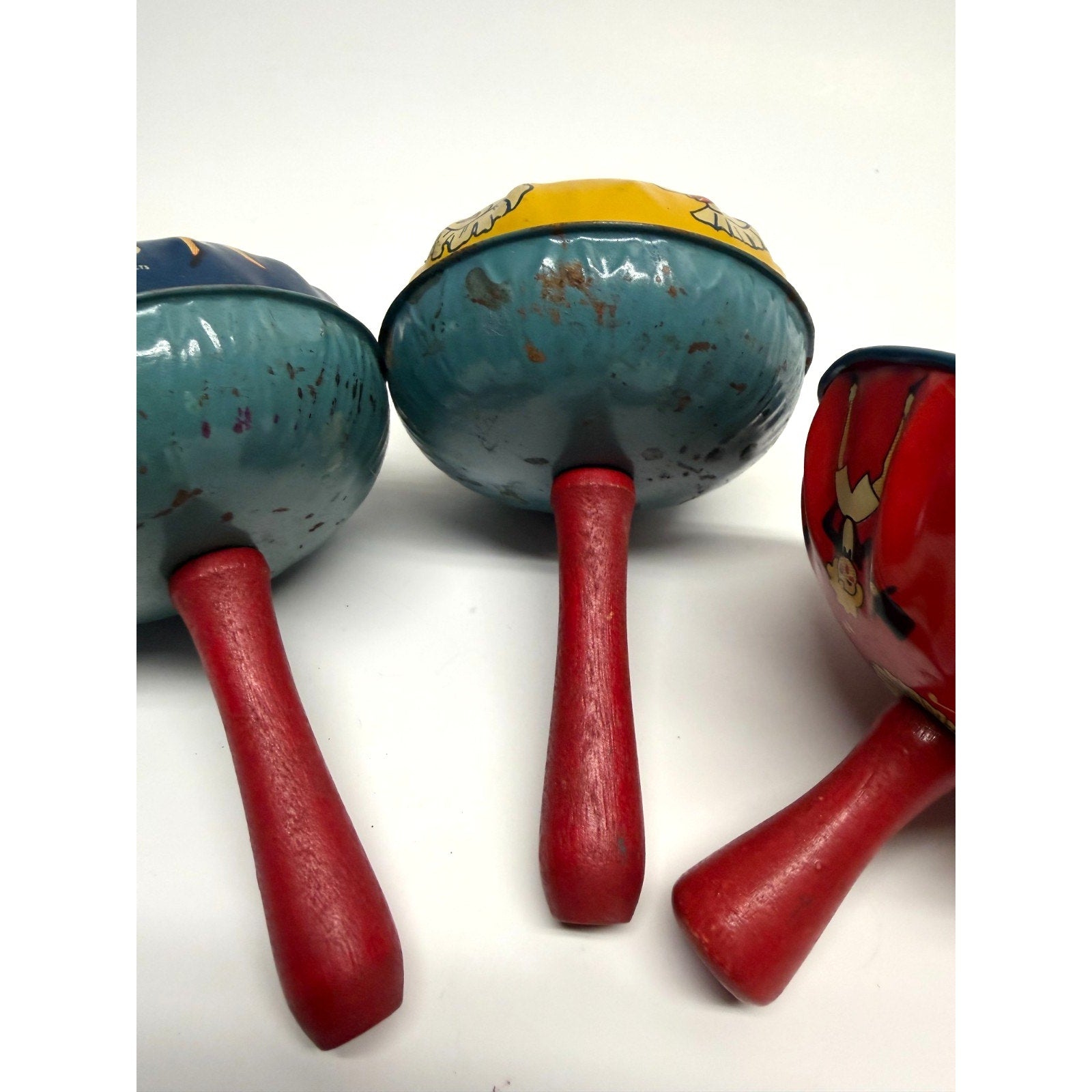 VTG Lot of 3 Kirchhof Tin Litho Noise Makers Rattle Wood Handle Made in USA