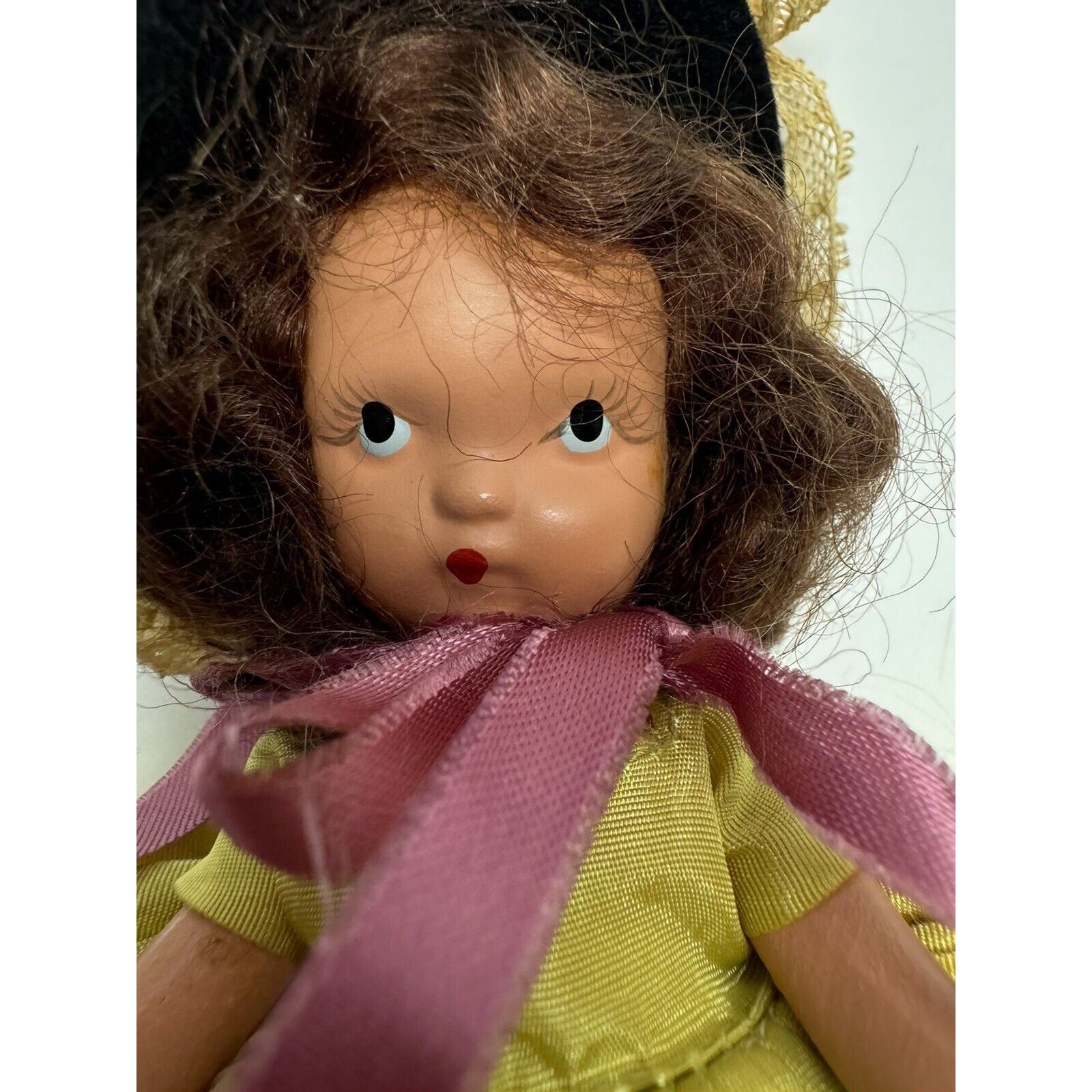 Vintage Nancy Ann Storybook Doll Yellow Dress w/Black Hat 5"