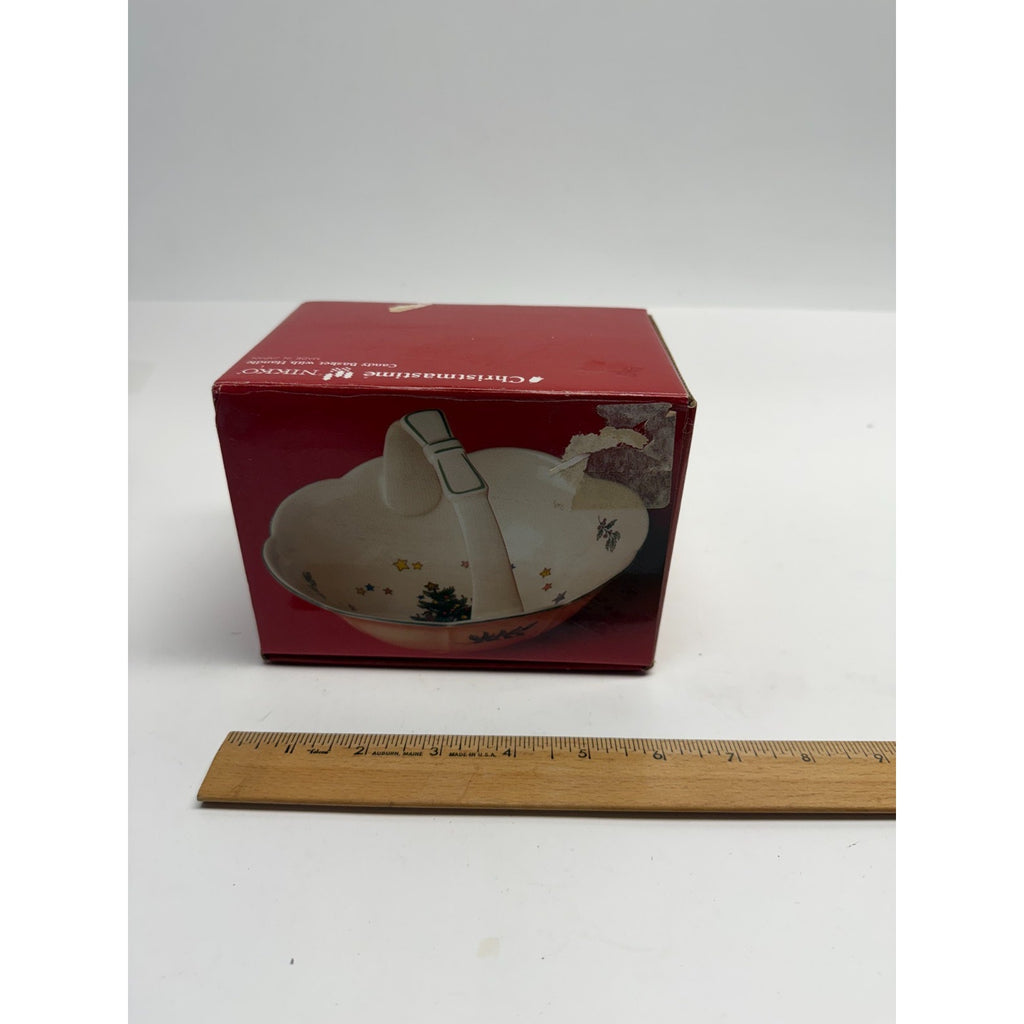 Vintage Nikko Christmastime Ceramic Candy Basket With Handle In Original Box