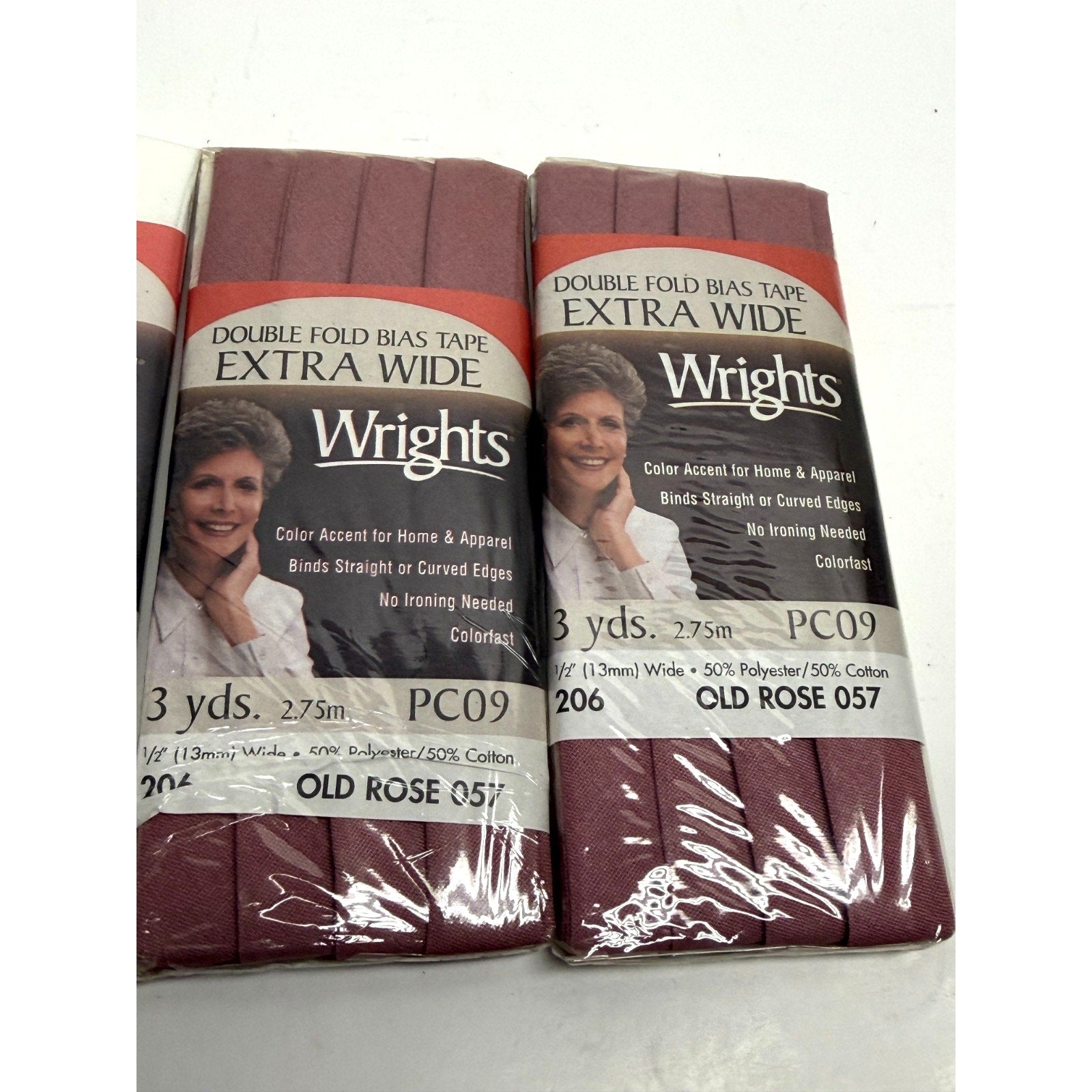 VTG Lot of 4 Wrights Extra Wide Dbl Fold Bias Tape 1/2" White & Old Rose PC09