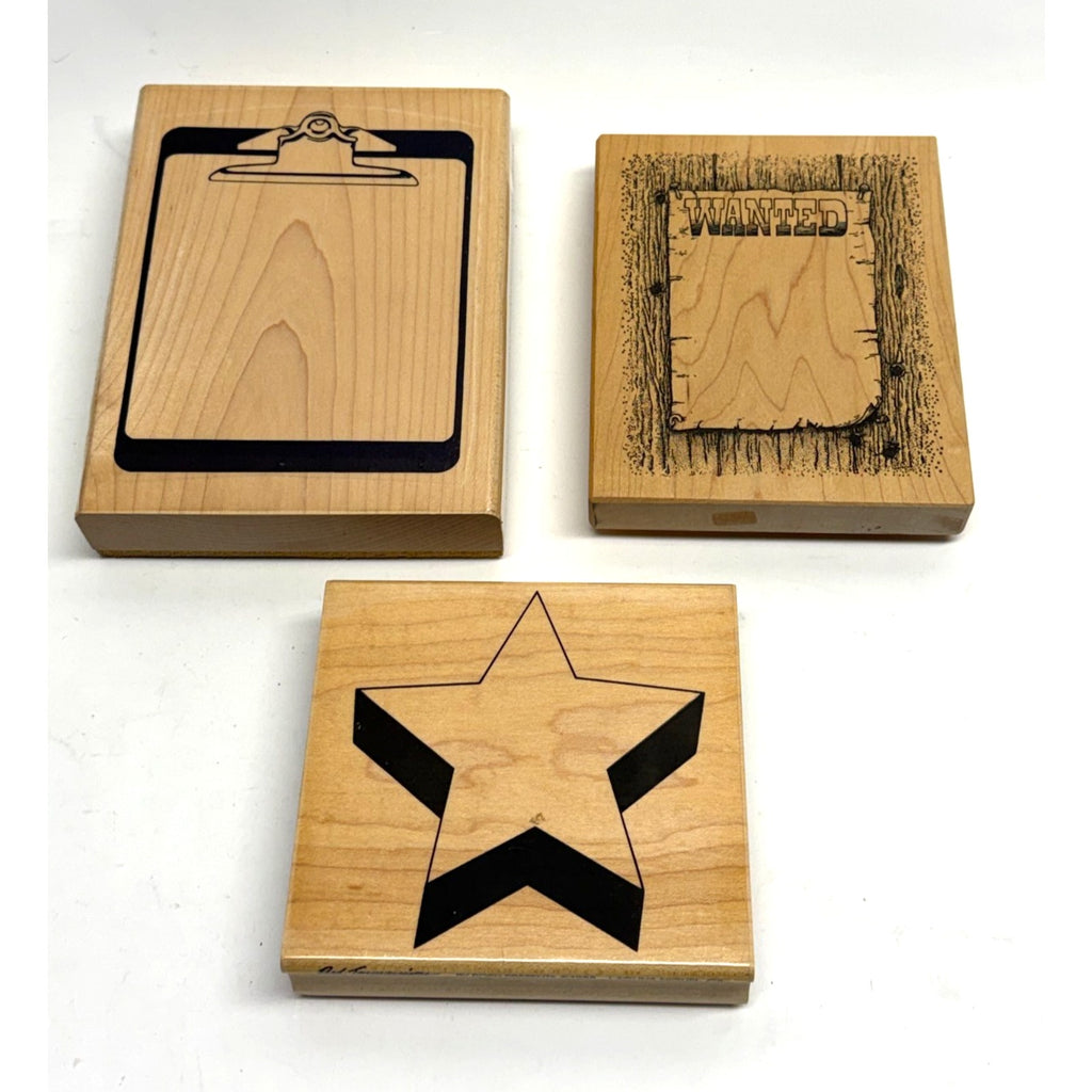 VINTAGE NEW Lot of 3 Wood Rubber Stamps: Clipboard, Wanted Poster, Star