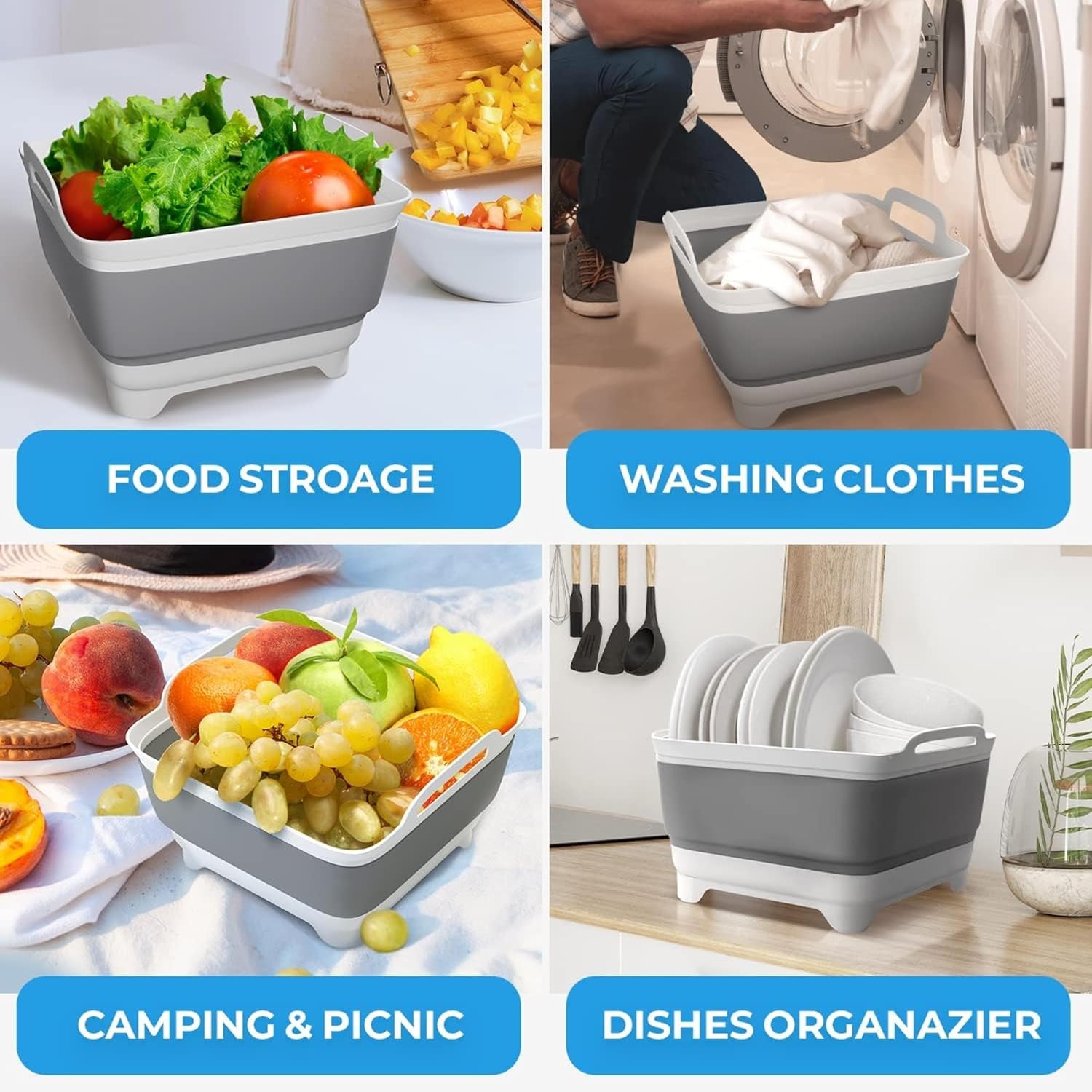 Collapsible Wash Basin with Drain Plug - 2.4 Gal(9L) Wash Basin for Baby Bottles, Foldable Dish Pans for Kitchen Sink & Camping & Hand Washing Station, Wash Bin, Laundry Tub, Portable Dish Tub