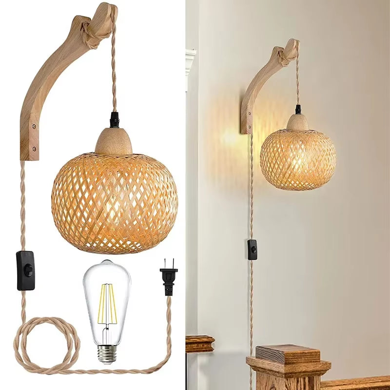 Bamboo Lantern Wall Lamp - Hand-Woven Natural Rattan Wicker E27 Chandeliers and Wall Light Fixtures for Elegant Room Decor