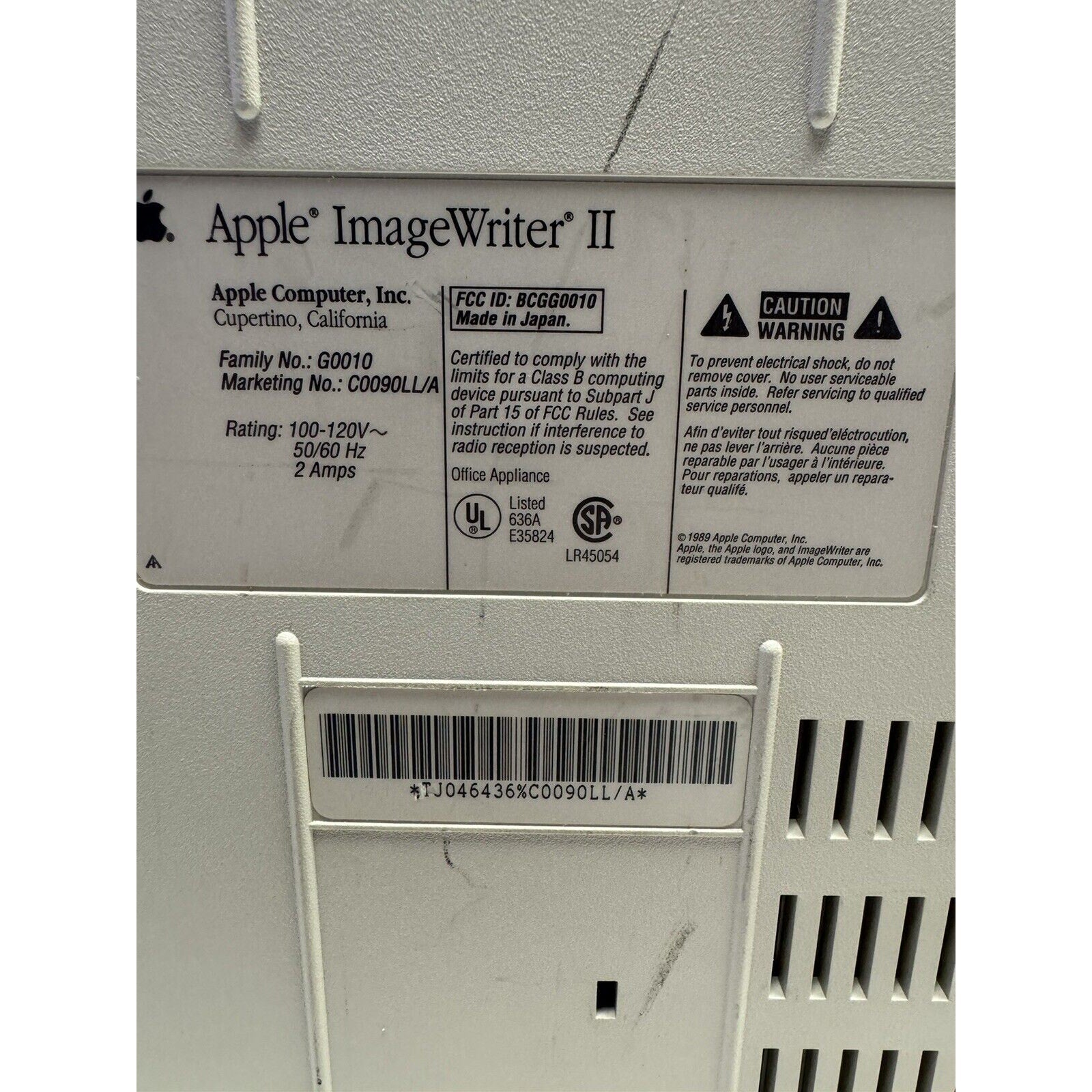 Vintage Apple Imagewriter II Printer G0010 Made In Japan Power On UNTSTED