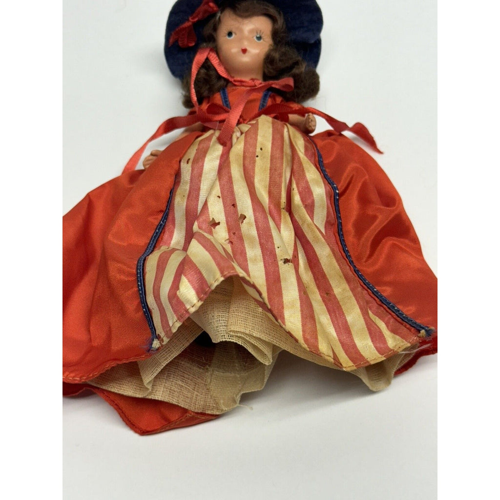 Vintage 1950s Nancy Ann Story Book Bisque Doll 6.5" Red Dress/Blue Hat