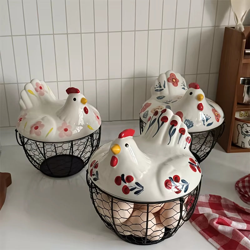 1Pc Farmhouse Hen-Shaped Ceramic Egg Baske -Ceramic Egg Holder with Lid,Rustic Kitchen Organizer for Fruits/Veggies