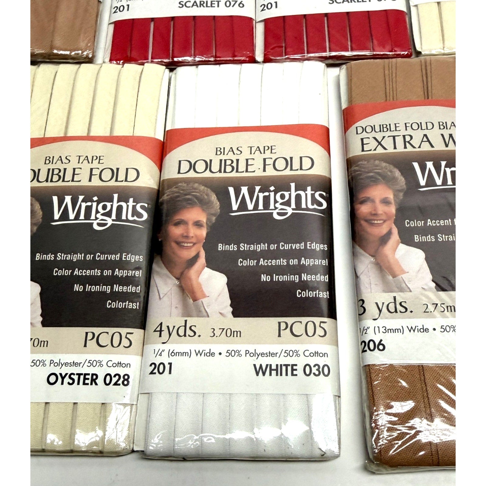 Vtg Lot of 7 Wrights Bias NEW Double Fold & Extra Wide Scarlet Oyster Tan White