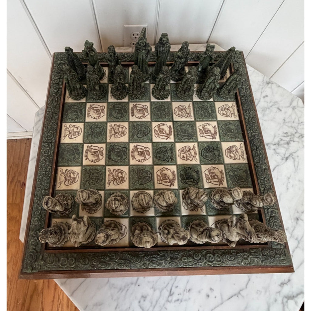 VINTAGE Aztec Mayan Dragon Chess Set Rare Collectible Green Chess Board & Pieces