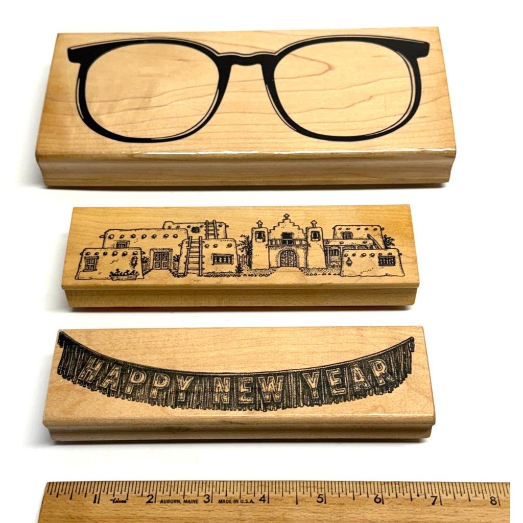 Vintage NOS Lot of 3 Wood Mounted Rubber Stamp Eyeglasses & Landscape