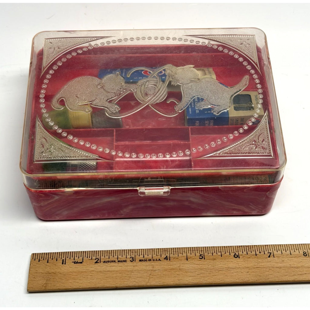 Vintage MCM Hommer Mfg Hard Plastic Marbled Sewing Box with Needles