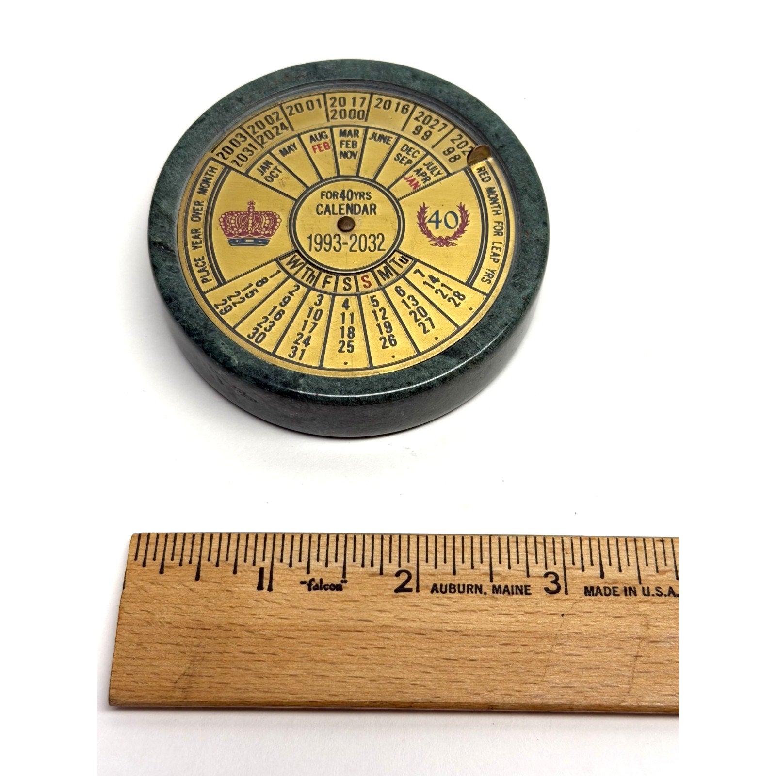Vintage 1993 - 2032 Brass Marble 40 Years Perpetual Calendar Paper Weight