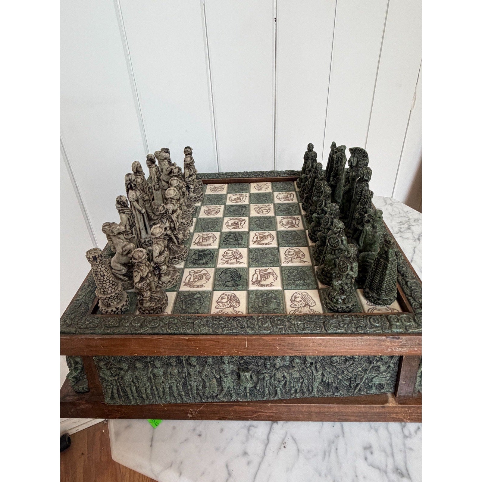 VINTAGE Aztec Mayan Dragon Chess Set Rare Collectible Green Chess Board & Pieces
