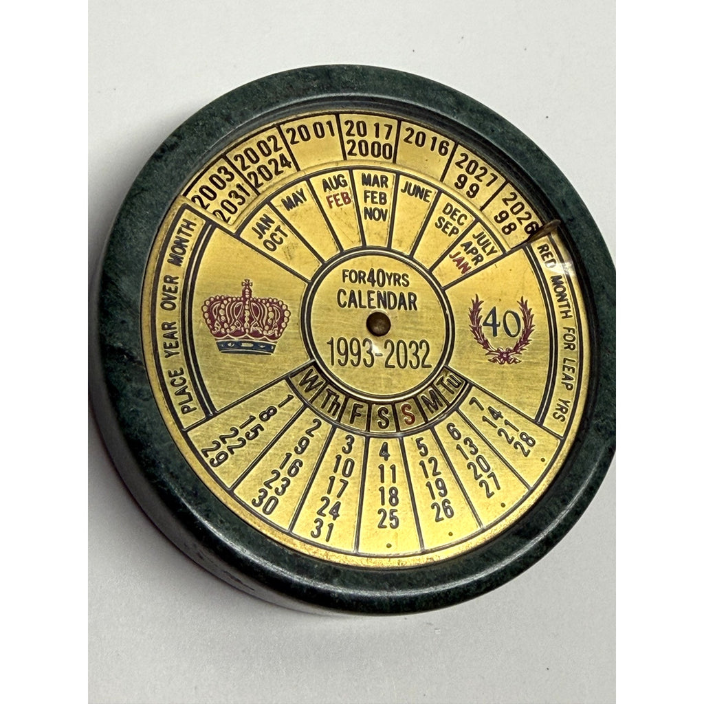 Vintage 1993 - 2032 Brass Marble 40 Years Perpetual Calendar Paper Weight