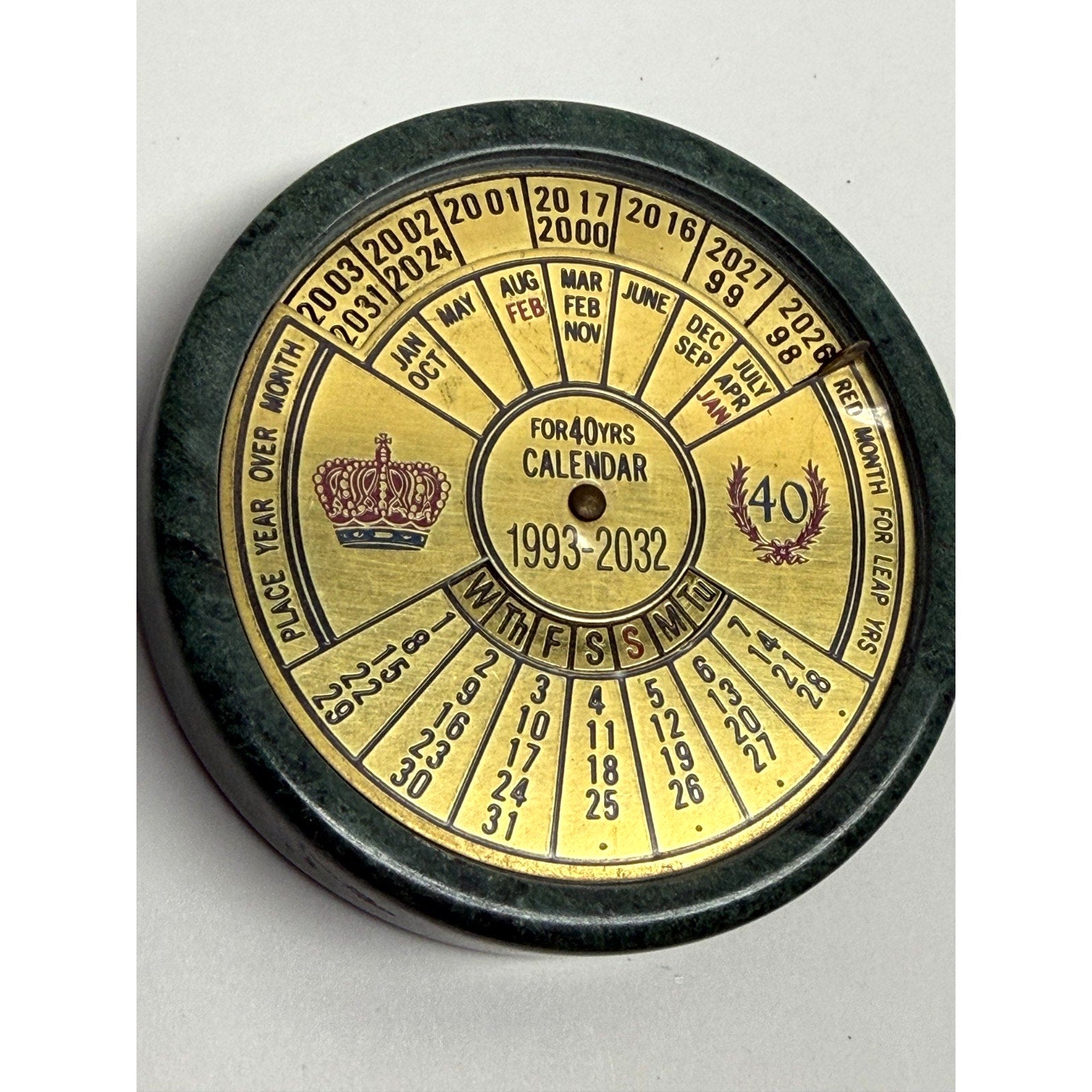 Vintage 1993 - 2032 Brass Marble 40 Years Perpetual Calendar Paper Weight