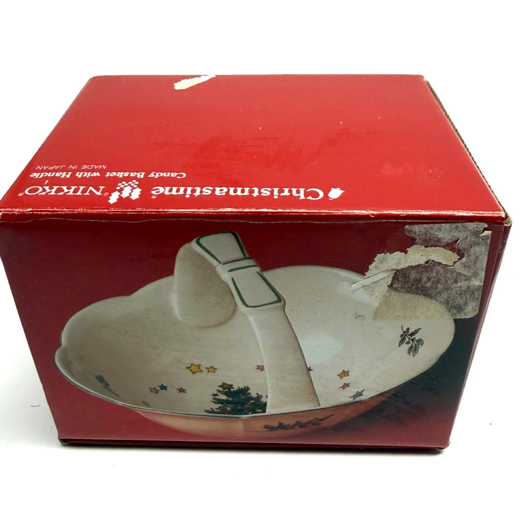 Vintage Nikko Christmastime Ceramic Candy Basket With Handle In Original Box