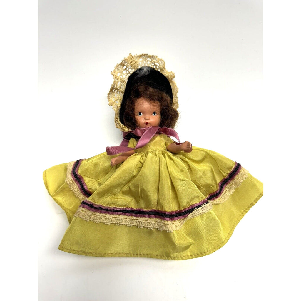 Vintage Nancy Ann Storybook Doll Yellow Dress w/Black Hat 5"