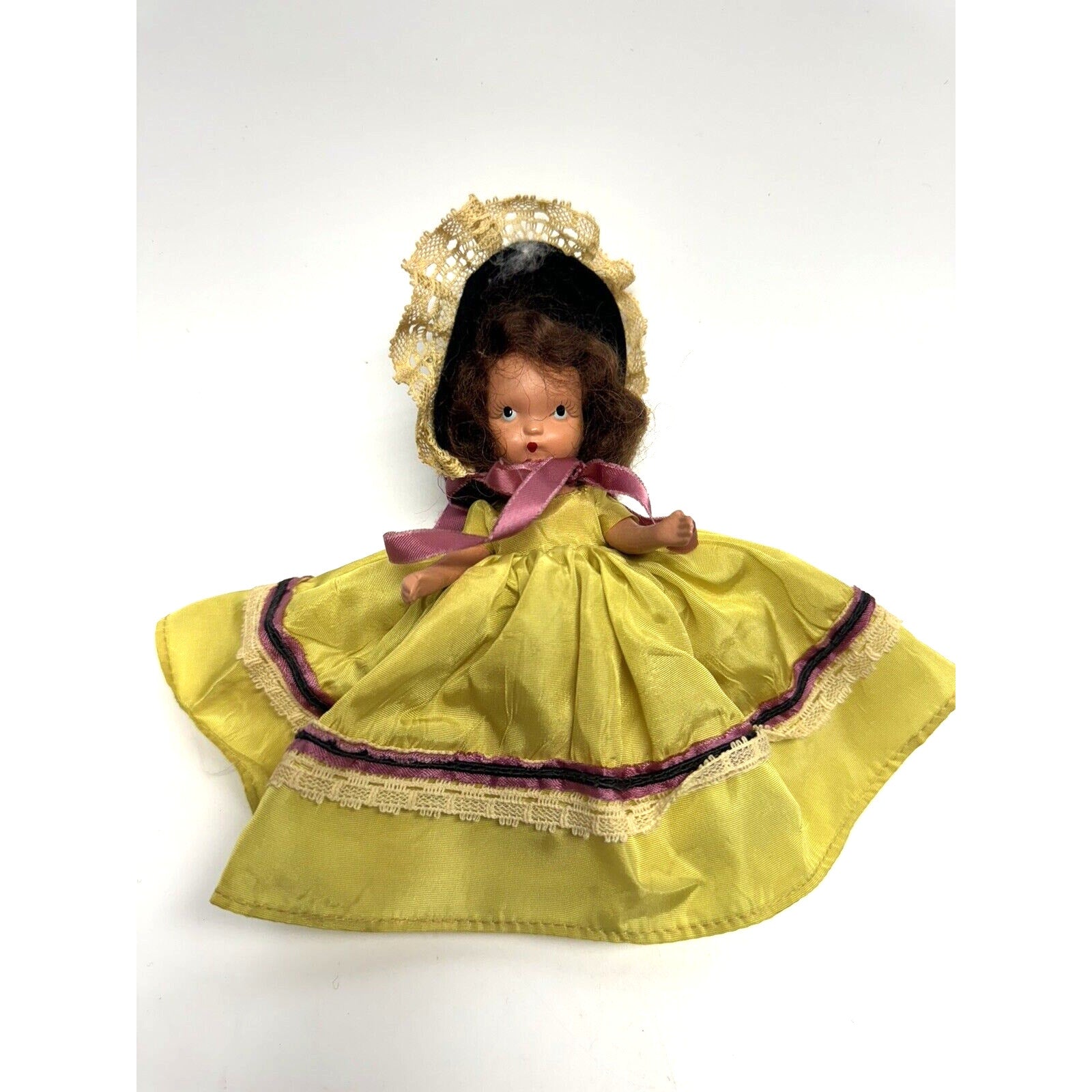 Vintage Nancy Ann Storybook Doll Yellow Dress w/Black Hat 5"