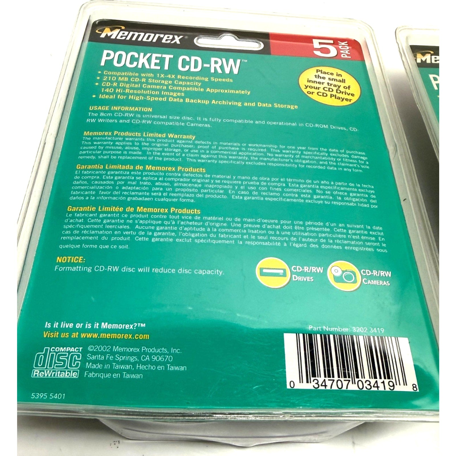 Vintage lot of 2 Memorex Pocket CD-RW 4x 210mb 24 Min 5 Pack - NEW