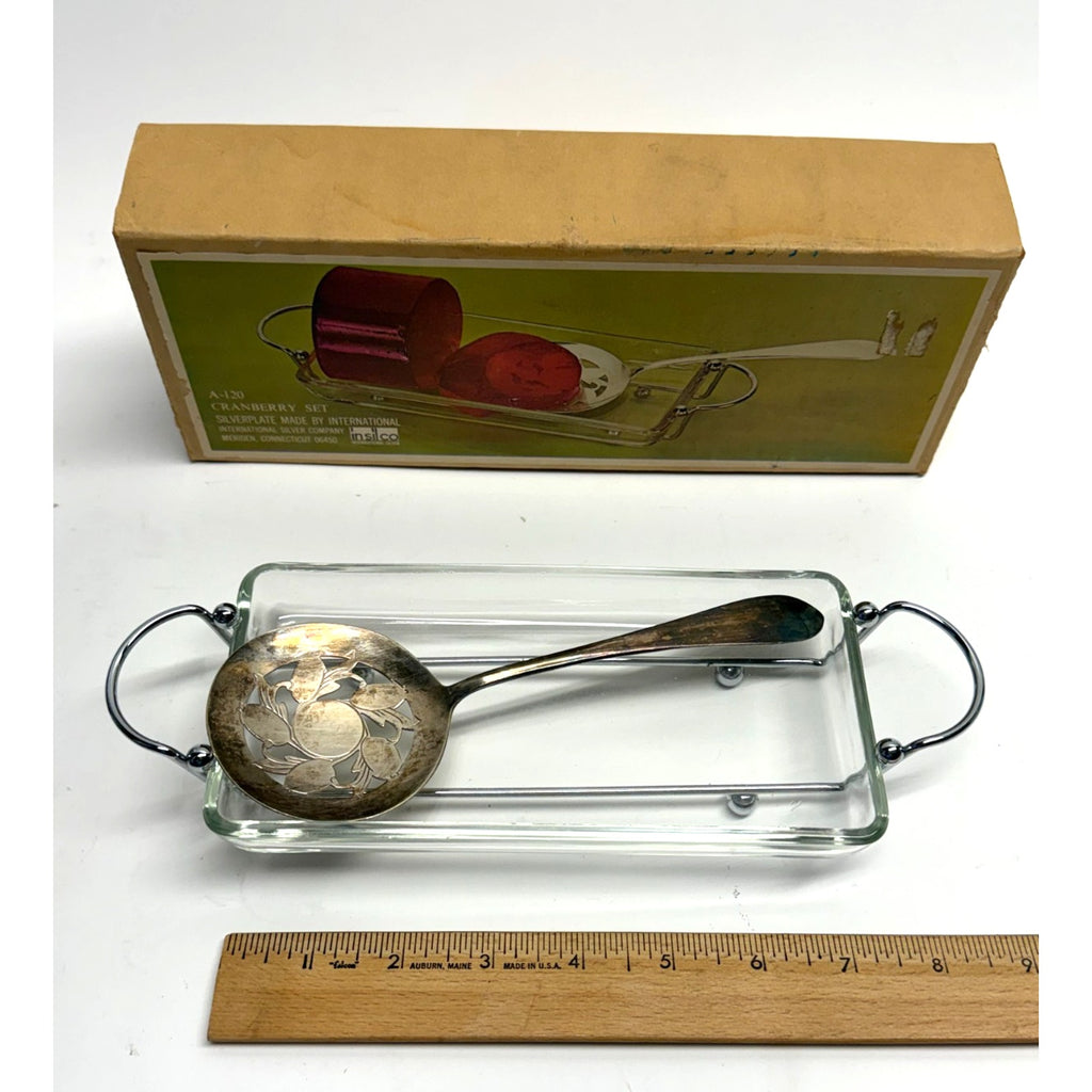 Vintage WM Rogers Silverplate Cranberry Serving Set Plate & Spoon Original Box