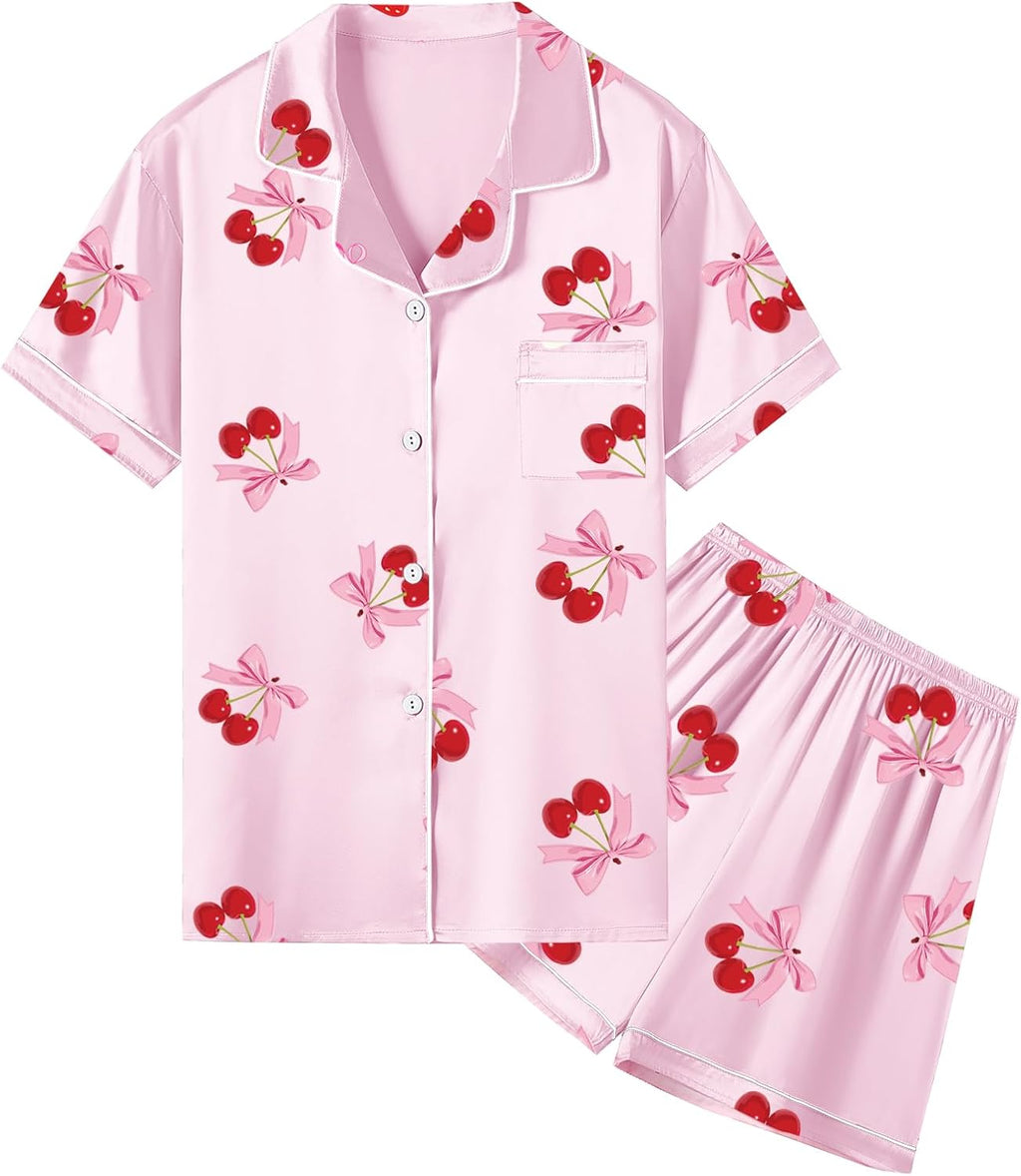 Women & Girls Pajamas Set, Soft Satin Lightweight Silk Button-Down Top with Shorts 2 Piece PJS for Mom Boys Kids Gifts