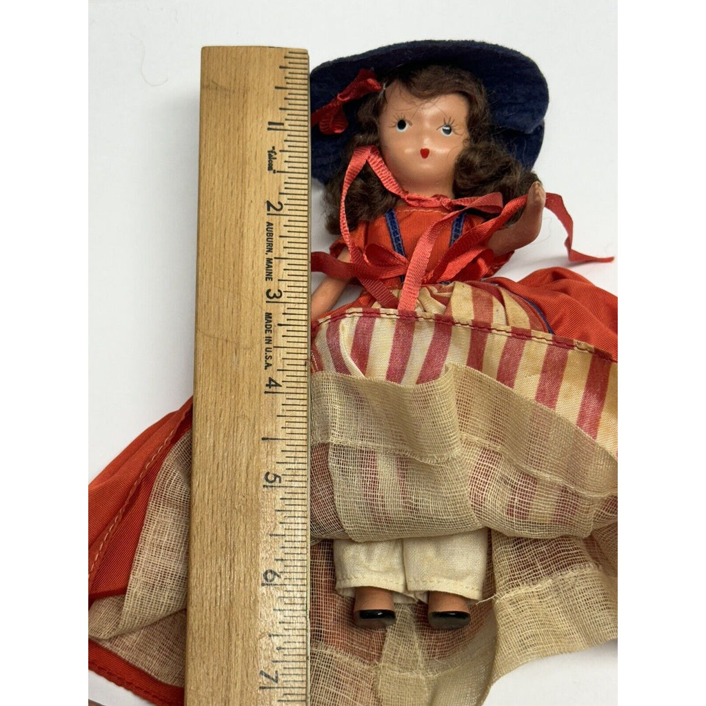 Vintage 1950s Nancy Ann Story Book Bisque Doll 6.5" Red Dress/Blue Hat