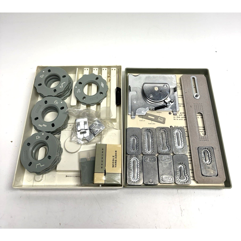VINTAGE Sears Kenmore Sewing Machine Buttonholes Templates Part Attachments Box