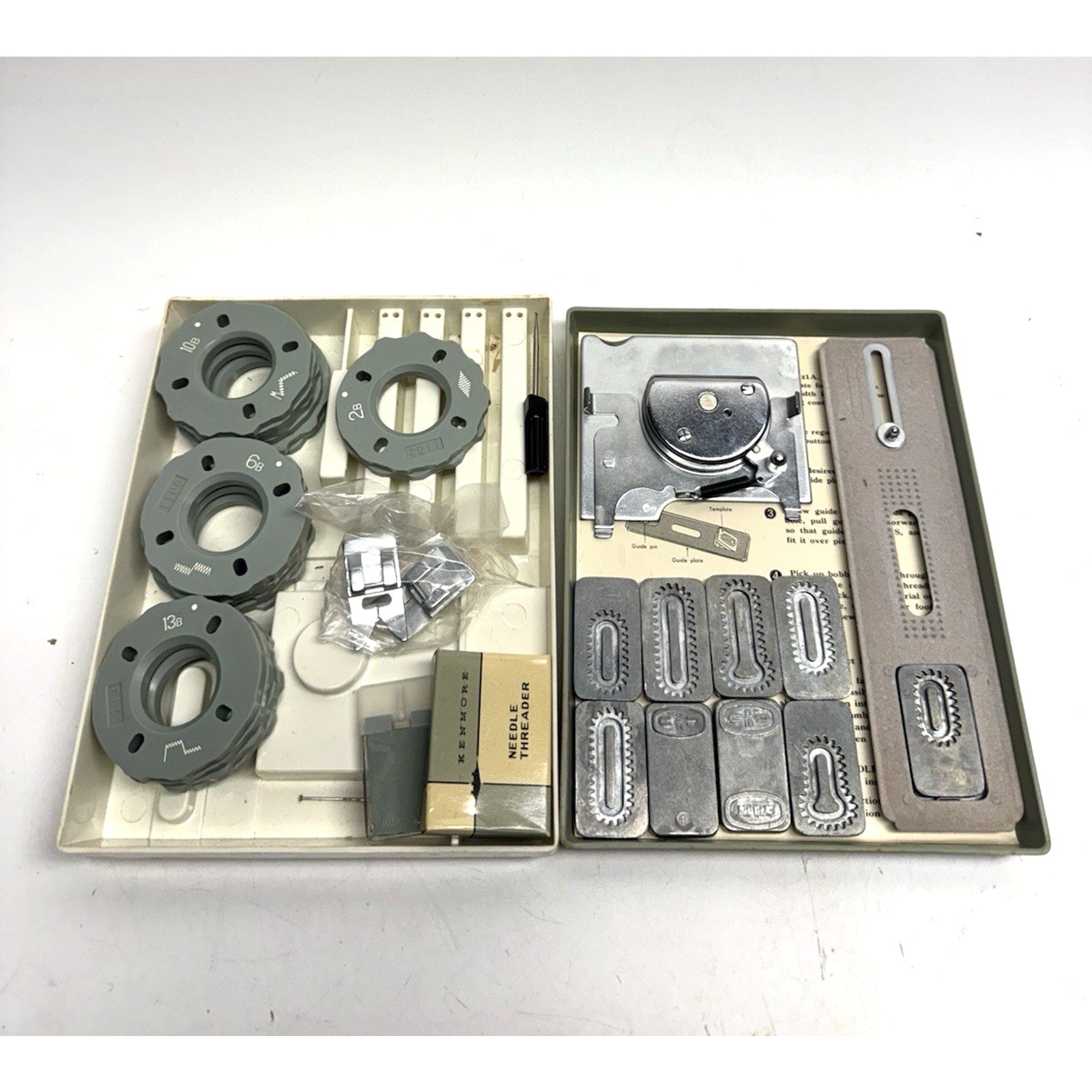 VINTAGE Sears Kenmore Sewing Machine Buttonholes Templates Part Attachments Box