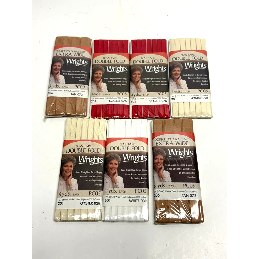 Vtg Lot of 7 Wrights Bias NEW Double Fold & Extra Wide Scarlet Oyster Tan White