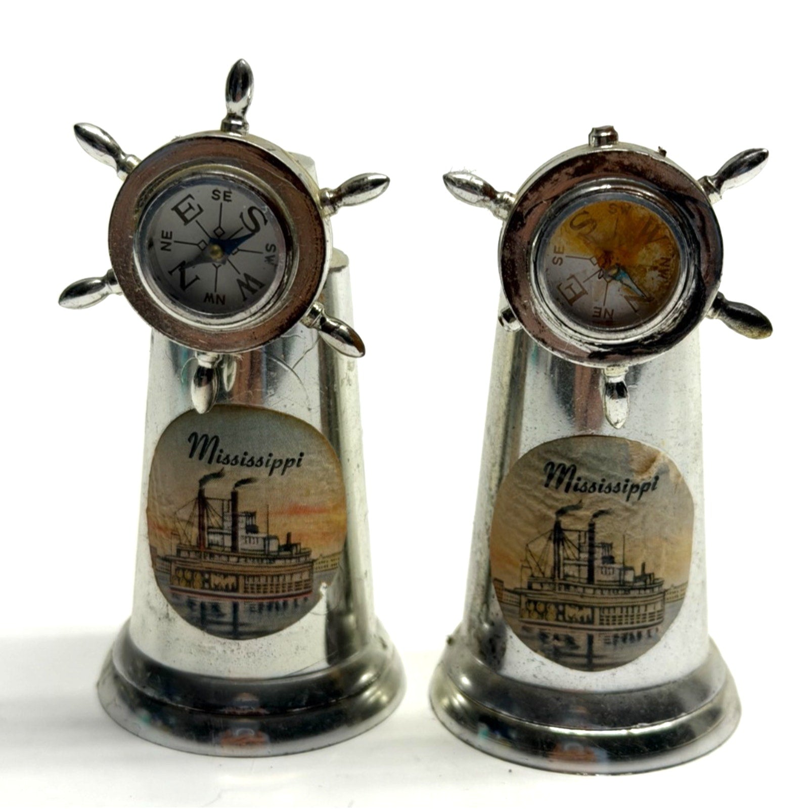 Vintage Mississippi salt, pepper shakers with compass
