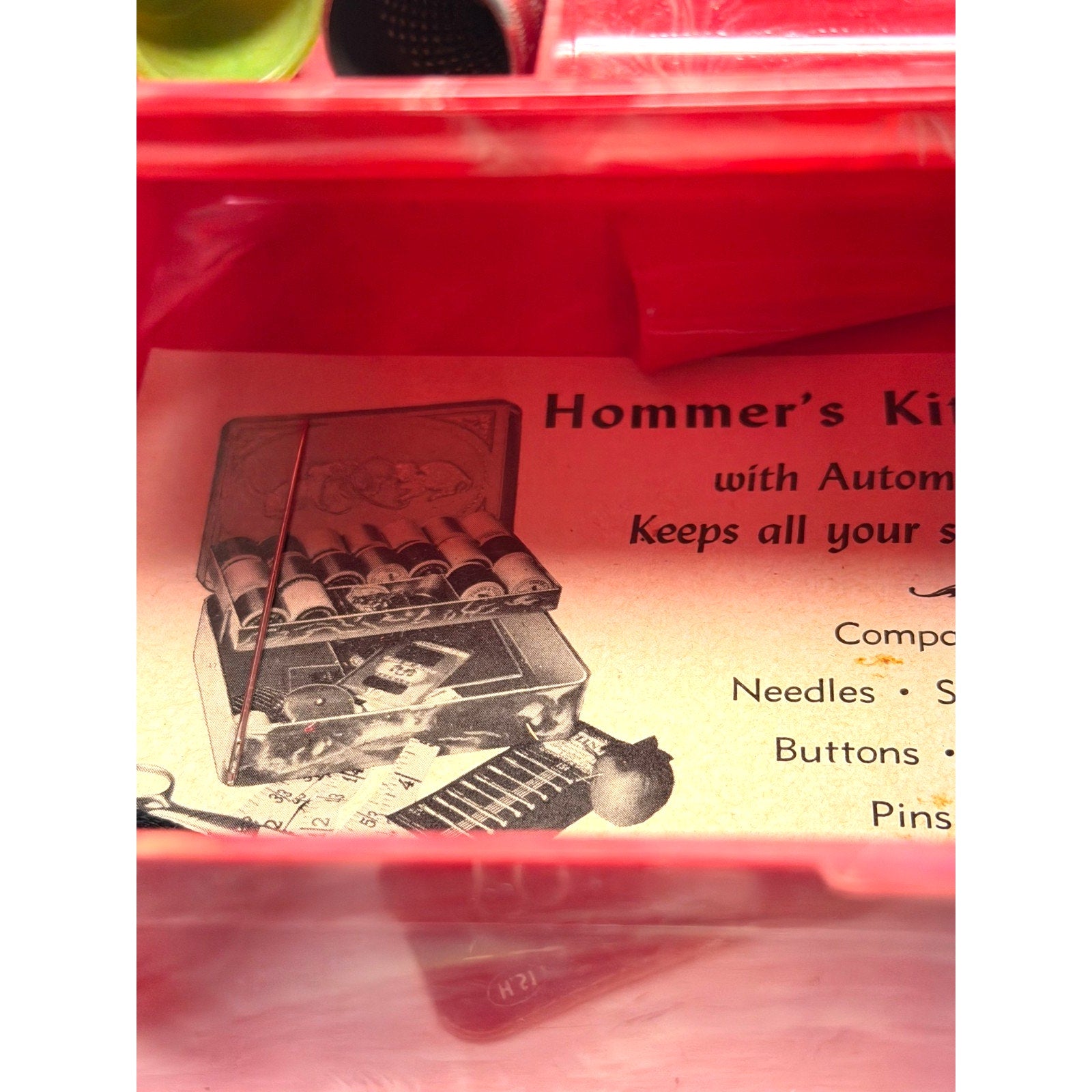 Vintage MCM Hommer Mfg Hard Plastic Marbled Sewing Box with Needles