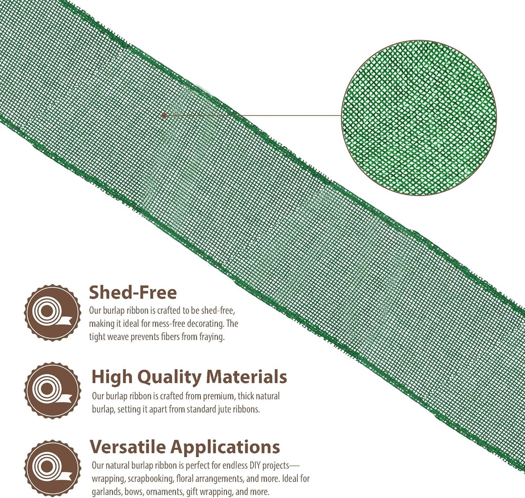 Green Burlap Wired Ribbon 2.5 Inches Wide Jute Ribbons for Crafts - 10 Yds Roll Rustic Burlap Wrap Trim Ribbons for Wreaths Bows Party Decoration