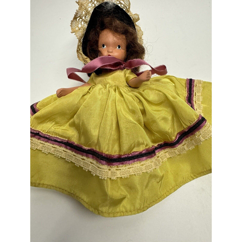 Vintage Nancy Ann Storybook Doll Yellow Dress w/Black Hat 5"