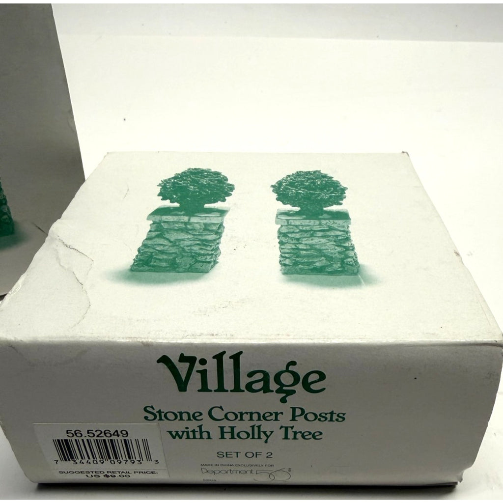 VTG NEW Dept.56 Lot of 2 Village Stone Corner Posts with Holly Tree #52649