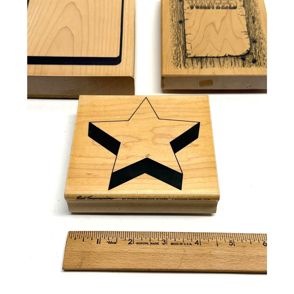 VINTAGE NEW Lot of 3 Wood Rubber Stamps: Clipboard, Wanted Poster, Star
